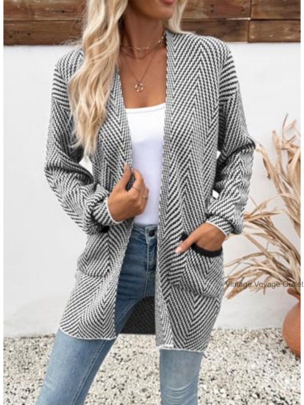 Womens Open Front Chevron Cardigan Sweater 100% Acrylic Long Sleeve - Picture 4 of 6